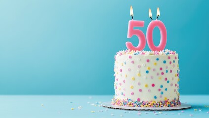 Photo of a birthday cake with the number "50" in candles on a pastel blue background, representing a half-century and mature age for men or women on their 50th anniversary.