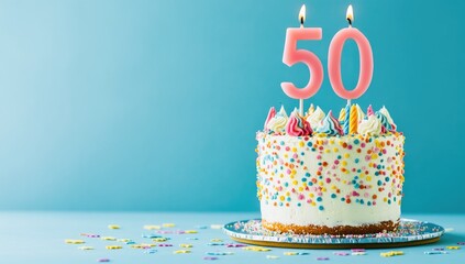 Photo of a birthday cake with the number "50" in candles on a pastel blue background, representing a half-century and mature age for men or women on their 50th anniversary.