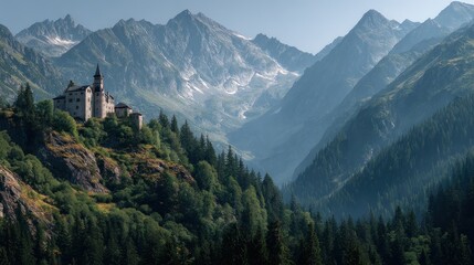 Mystical castle nestled among the alpine mountains and evergreen forest