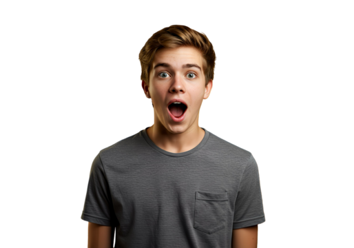 A boy looking amazed with open mouth on transparent background.