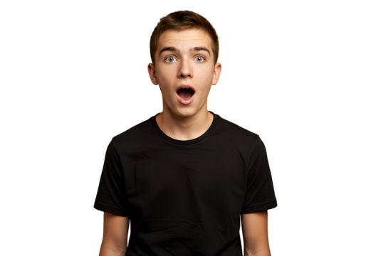 A boy looking amazed with open mouth on transparent background. - Powered by Adobe