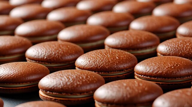 Closeup pan across rows of chocolate macarons with glossy finish