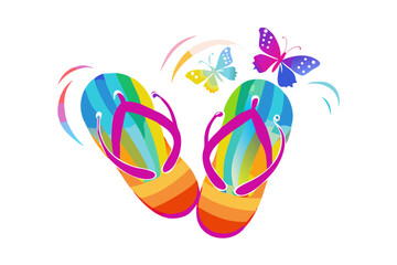 Obraz premium Colorful rainbow flip flops with butterflies and splashes