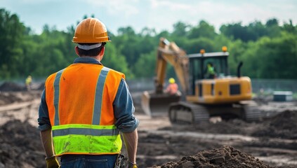 Construction worker observes excavation site