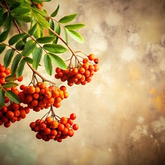 Cluster of vibrant orange rowan berries with green pinnate leaves on slender branch, set against warm beige backdrop evoking autumn tranquility