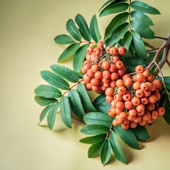 Vibrant cluster of orange berries with green pinnate leaves arranged on branch against soft yellow background, evoking natural texture and color