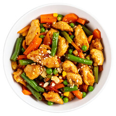Kung Pao Chicken, Lightly battered chicken with garlic, carrots, snap peas Isolated on Transparent or White Background