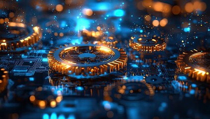 Golden gears on a dark circuit board, illuminated by blue and orange lights, with a bokeh effect