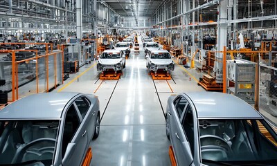Silver Cars on Assembly Line in Modern Factory