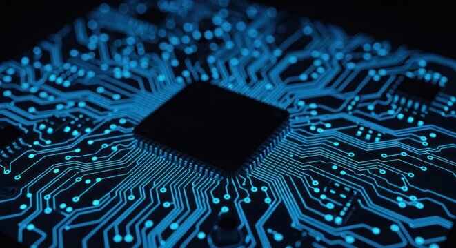 Glowing blue circuit board with a central square chip element