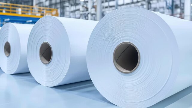 Large rolls of paper being produced in a paper mill, paper production process, industrial manufacturing