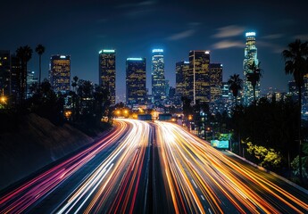 Fototapeta premium Night cityscape, Los Angeles freeway, vibrant lights