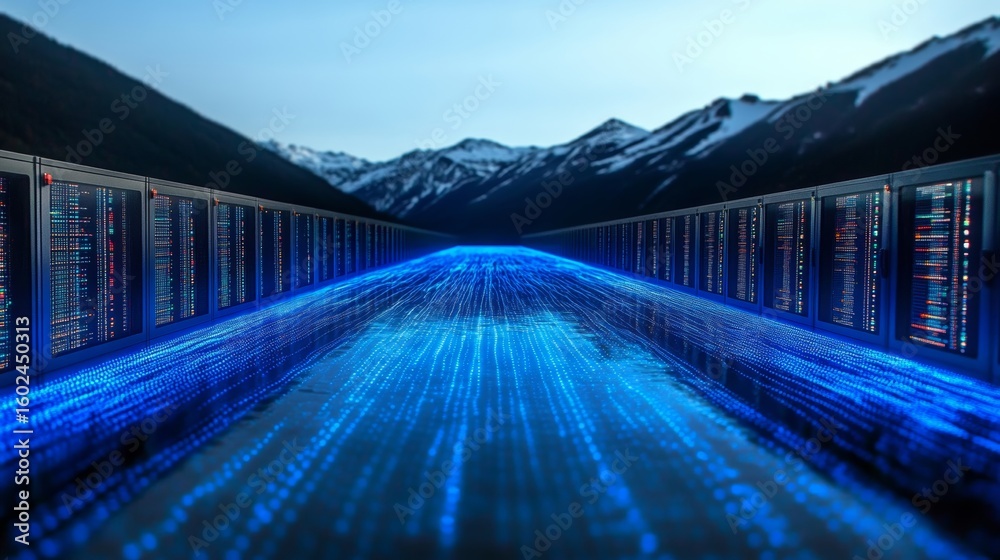 Poster data highway with server racks and cloud computing in modern network infrastructure and landscape