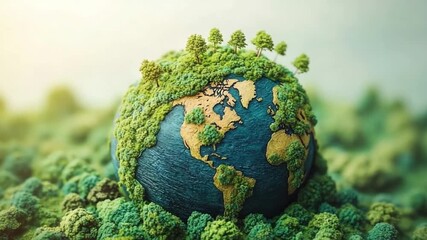 Sustainable World: A verdant and vibrant representation of our planet, earth, adorned with lush greenery and thriving trees, symbolizing environmental preservation and ecological harmony.