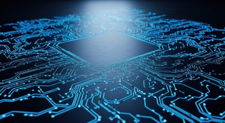 Glowing chip with circuit paths and dark background, close-up detail