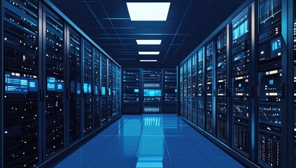 Dark server room, rows of metal racks