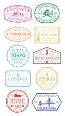 PNG Colorful international travel stamps , set on transparent background