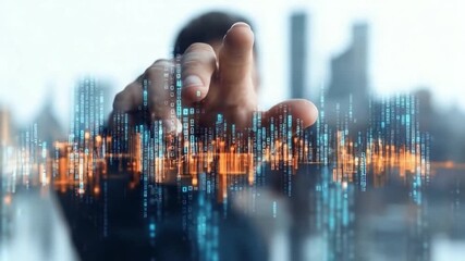 Data Touch: A hand delicately interacts with an illuminated cityscape, representing the fusion of technology and urban life, the touch symbolizes control and future. - Powered by Adobe