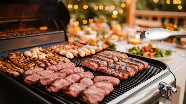 Luxury holiday BBQ buffet with gourmet grilled meats, festive outdoor catering, elegant table settings under string lights