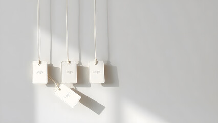 Clean white blank tags with logo placeholders hang against a light gray wall, ideal for branding mockups.