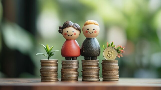 Wooden figures on stacks of coins with plant and gold coin. Useful for financial articles and materials about family budget.