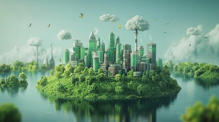 Fantastic city against nature, background for environmental projects and presentations.