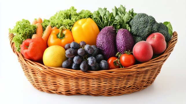 A basket of assorted fresh fruits and vegetables. Useful for cooking blogs and articles about healthy eating.