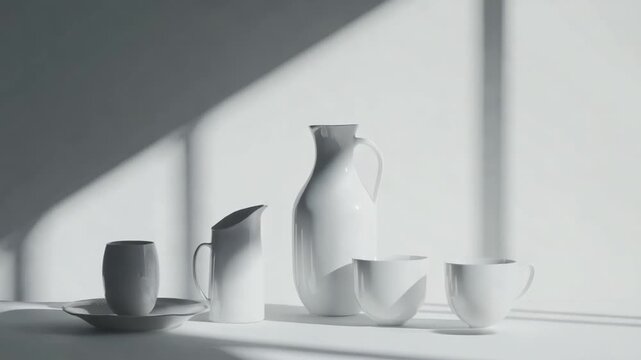 White ceramic tableware arranged on a white surface, with shadows cast by natural light