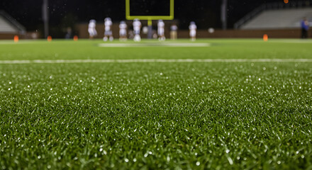 A ground level view of a vibrant green football field with players practicing under the stadium lights at night.