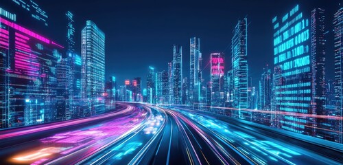Futuristic cityscape at night with glowing, digital data overlay on buildings and motion blur on highway