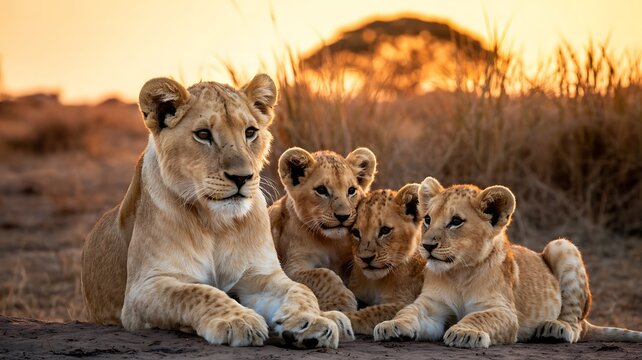 Mother lion with her three adorable cubs resting together at sunset