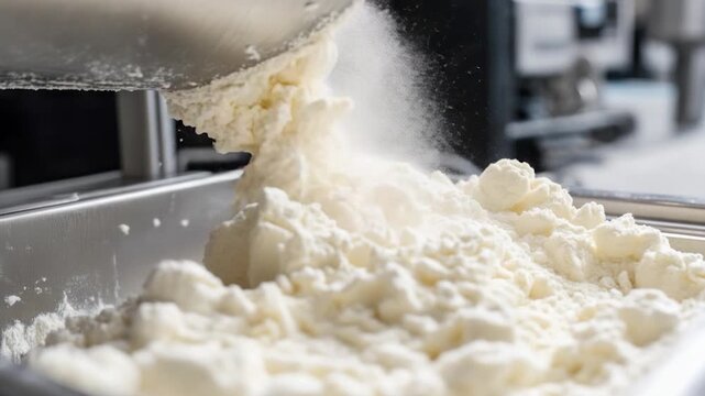 Powdered milk being added to a metal container