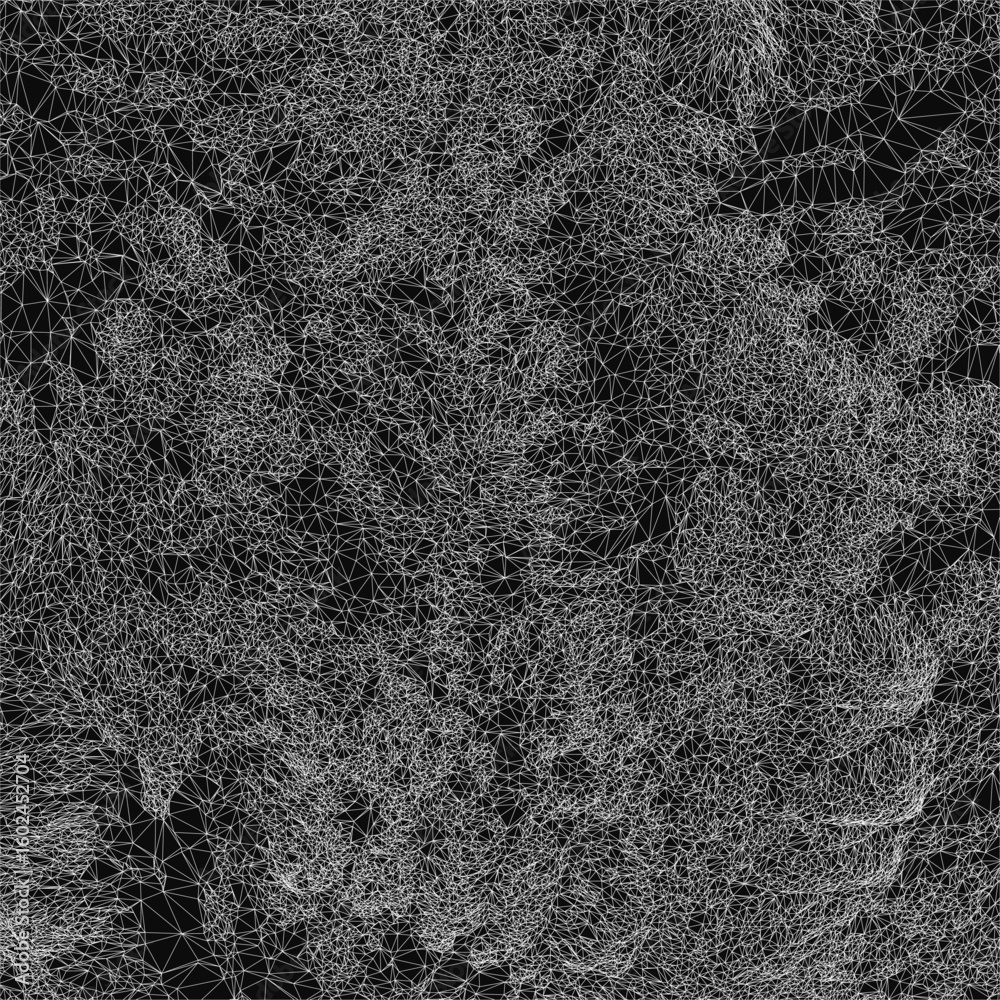 Poster black and white abstract background features a striking wireframe pattern resembling mountain peaks.