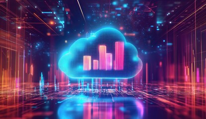 Neon cloud graphic with growth charts, digital space