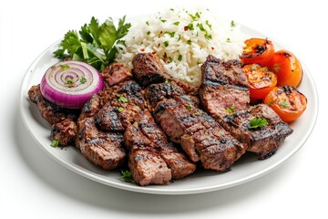 Grilled steak with rice and roasted cherry tomatoes