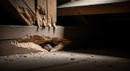 Mouse peeks from a chewed hole in aged wooden structure