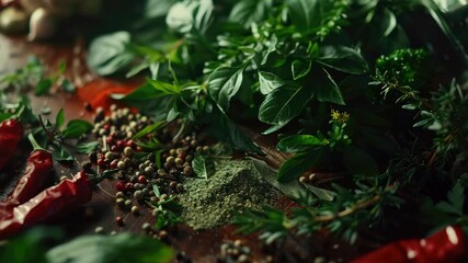 Close up of a variety of herbs and spices ready to use in cooking.