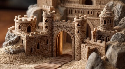 Detailed sandcastle evoking childhood nostalgia and imaginative architecture