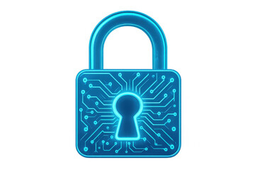 Futuristic glowing padlock with an integrated circuit board design symbolizes cybersecurity and data protection on a transparent background