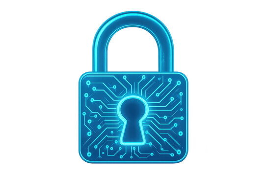 Futuristic glowing padlock with an integrated circuit board design symbolizes cybersecurity and data protection on a transparent background - Powered by Adobe