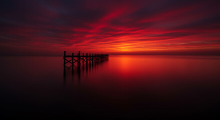 Fiery Red Sunset Over a Calm Sea with a Silhouetted Pier