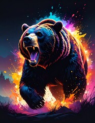 An expressive and dynamic watercolor illustration of a fierce grizzly bear roaring, surrounded by a vibrant burst of colorful paint splatters and energetic light.