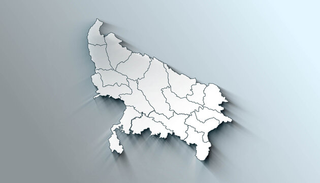 Minimalist 3D map of Uttar Pradesh A districts of India with Borders