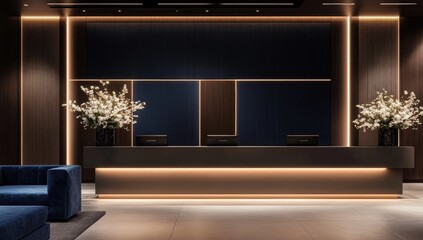 Modern hotel reception area with dark blue accents