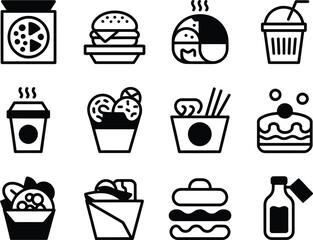Collection of stylized fast food icons including pizza burger ice cream and drinks