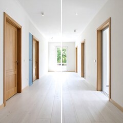 Obraz premium Empty hallway with light wood floors and doors