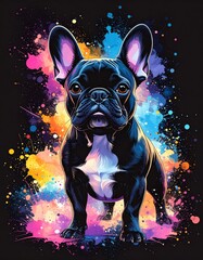 An expressive and colorful watercolor illustration of a French bulldog with prominent bat ears and a brindle coat, set against a dynamic and abstract background of paint splatters.