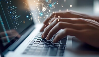 Close-up of hands typing on a laptop with abstract digital network overlay