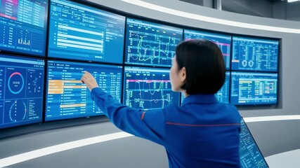 Smart warehouse control room with multiple monitors displaying logistics data - Powered by Adobe