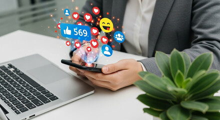 Person using a smartphone with social media icons and notifications floating above